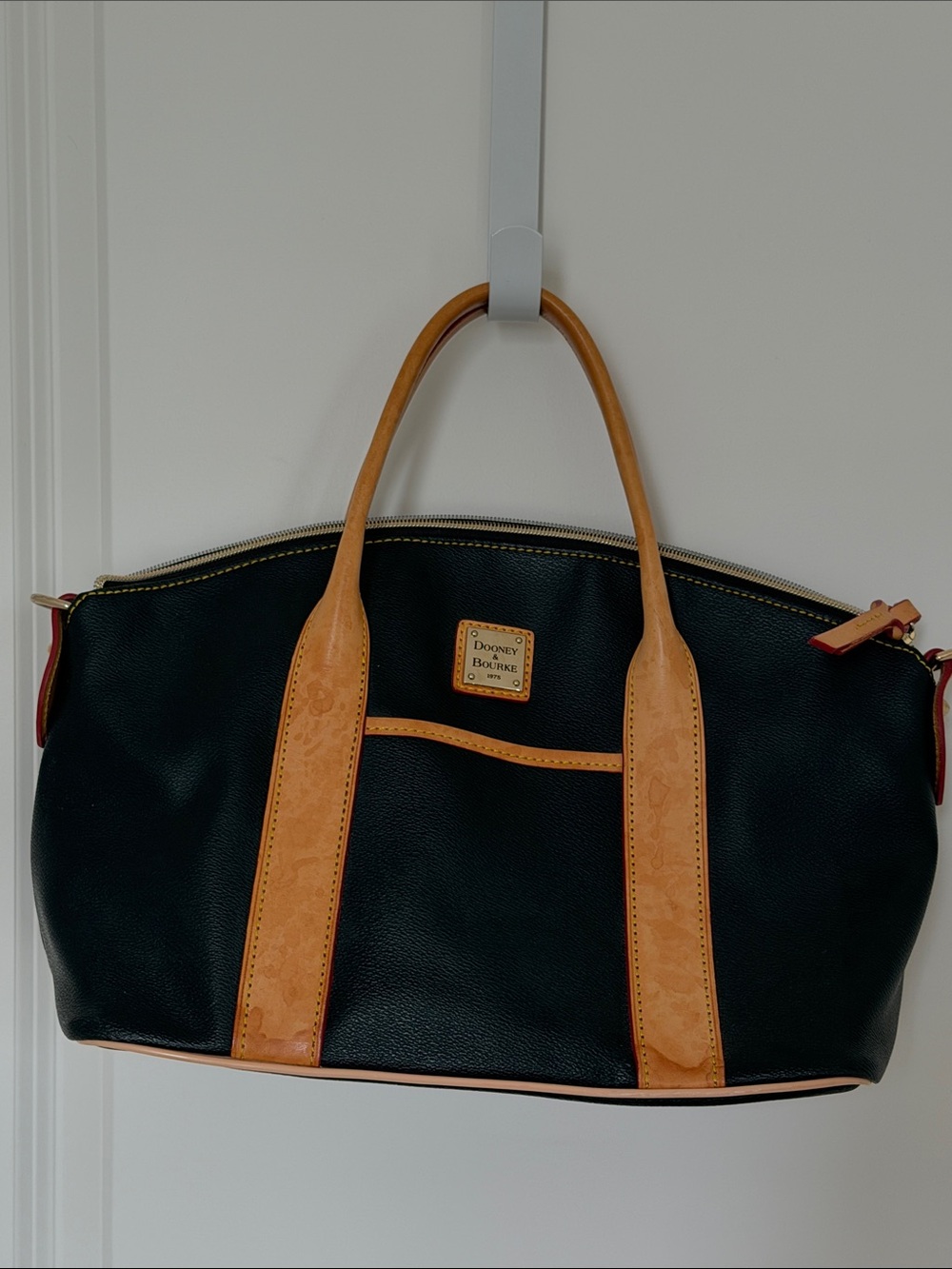 Dooney & Bourke Black Leather Satchel with Tan Trim and Handles